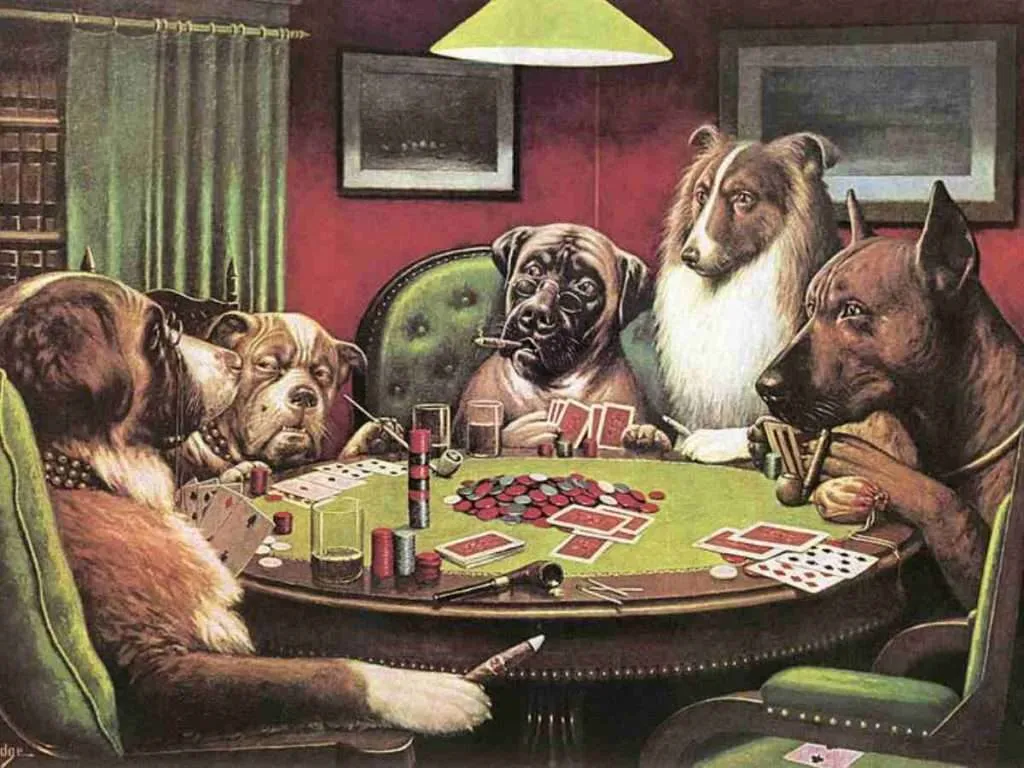 Dogs playing poker in a game room