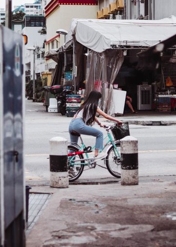 women, bicycle, street