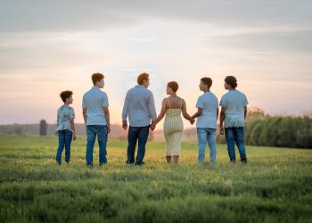 family, sunset, field