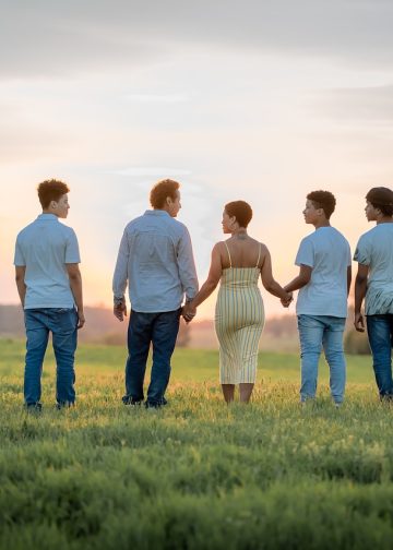 family, sunset, field
